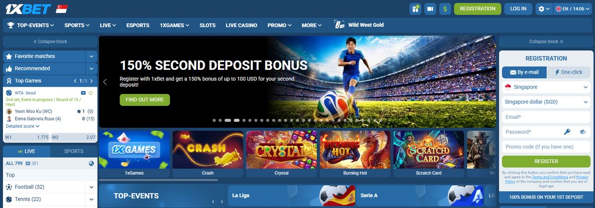 1xBet online casino homepage screenshot