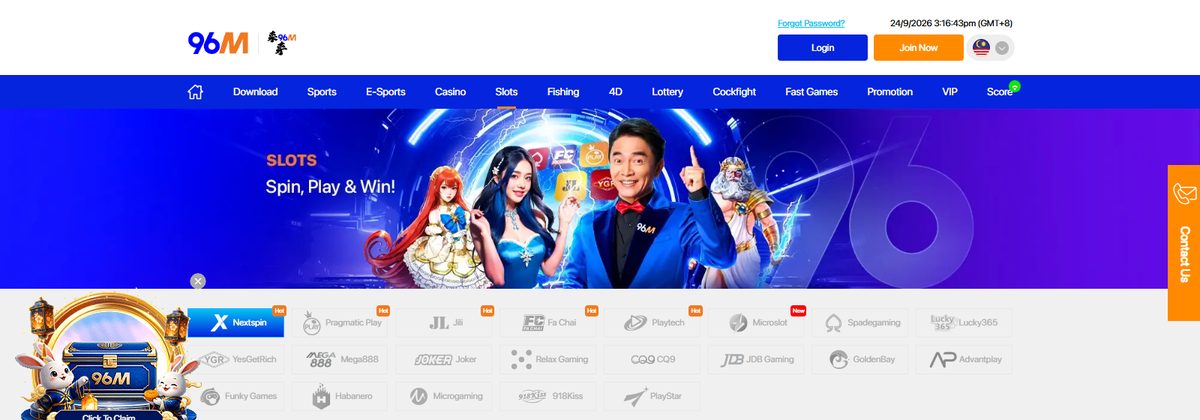 96M online casino homepage screenshot
