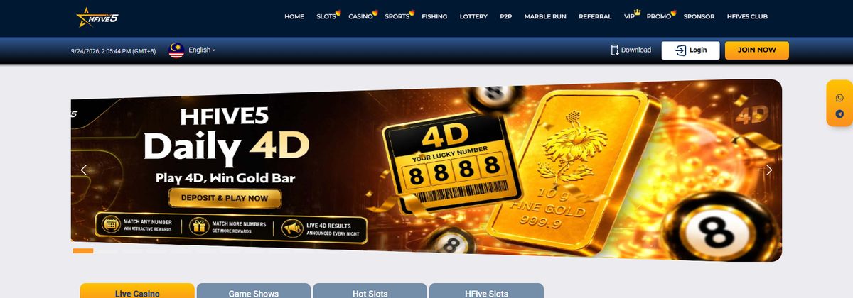 Hfive5 online casino homepage screenshot